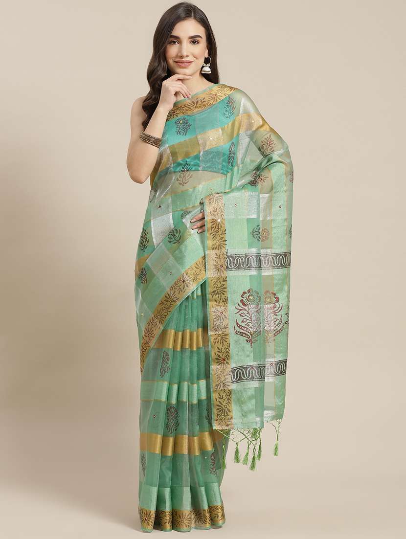 women's floral light green colored saree with blouse