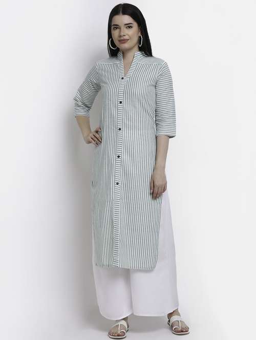 green stripe straight kurta - 18213818 - Standard Image - 0