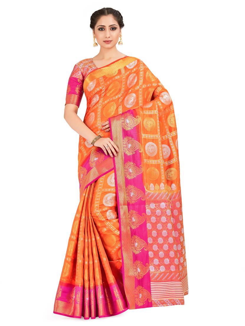 orange art silk kanjivaram saree with blouse - 18214351 - Zoom Image - 0