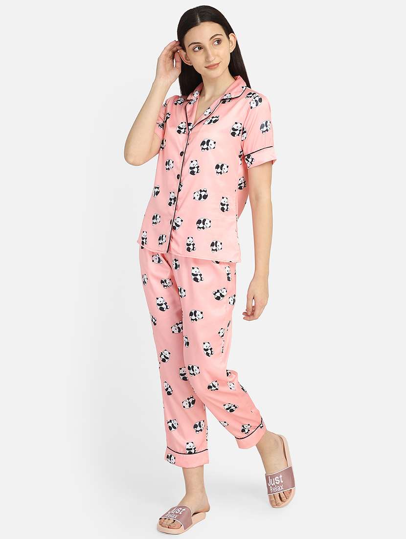 shirt collar printed nightwear pajama set - 18215645 -  Standard Image - 1