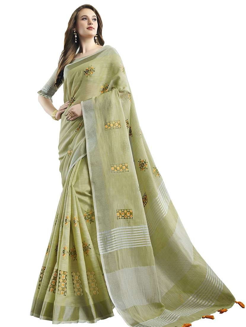 green linen embroidered saree with blouse