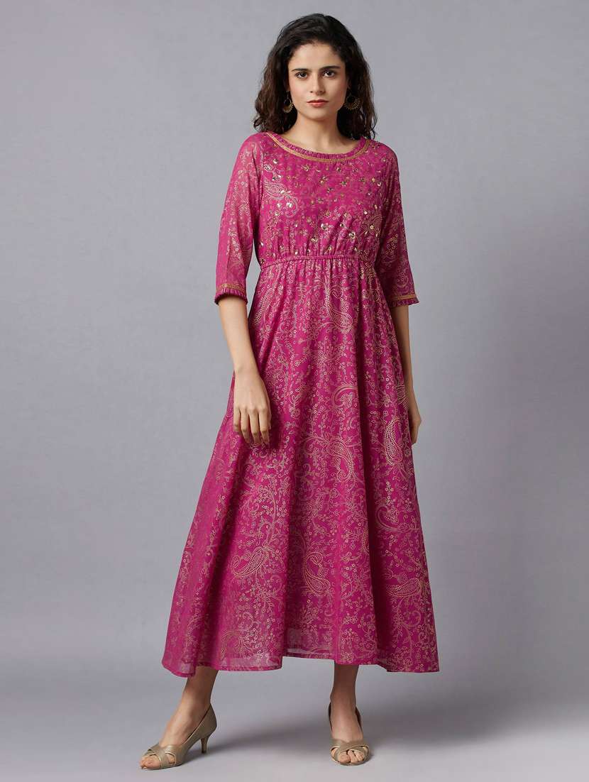 pink cotton blend fit & flare ethnic dress