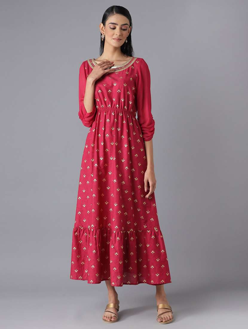 pink printed flared ethnic dress