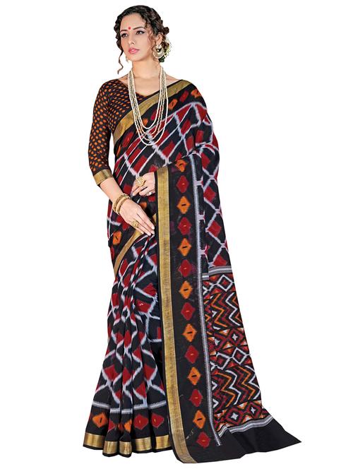 black cotton printed saree with blouse - 18216828 - Standard Image - 0