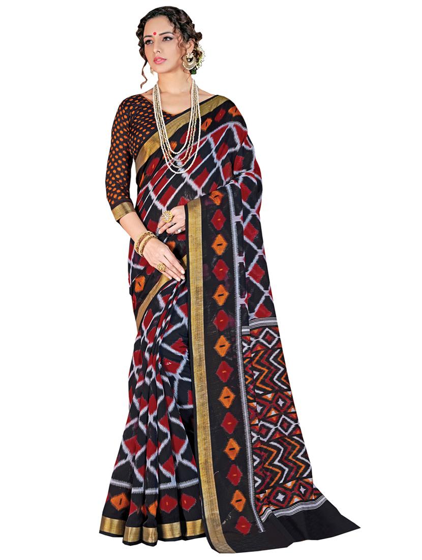 black cotton printed saree with blouse - 18216828 - Zoom Image - 0