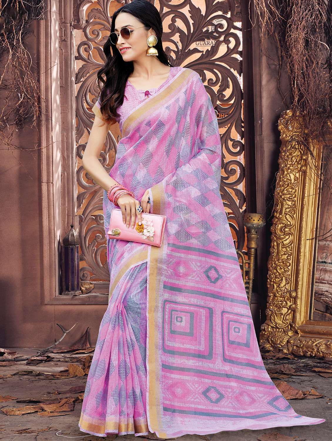 women's geometric rosewater colored saree with blouse