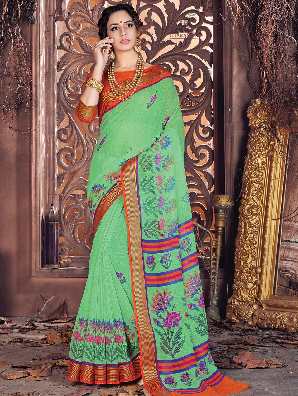 women's floral lime colored saree with blouse