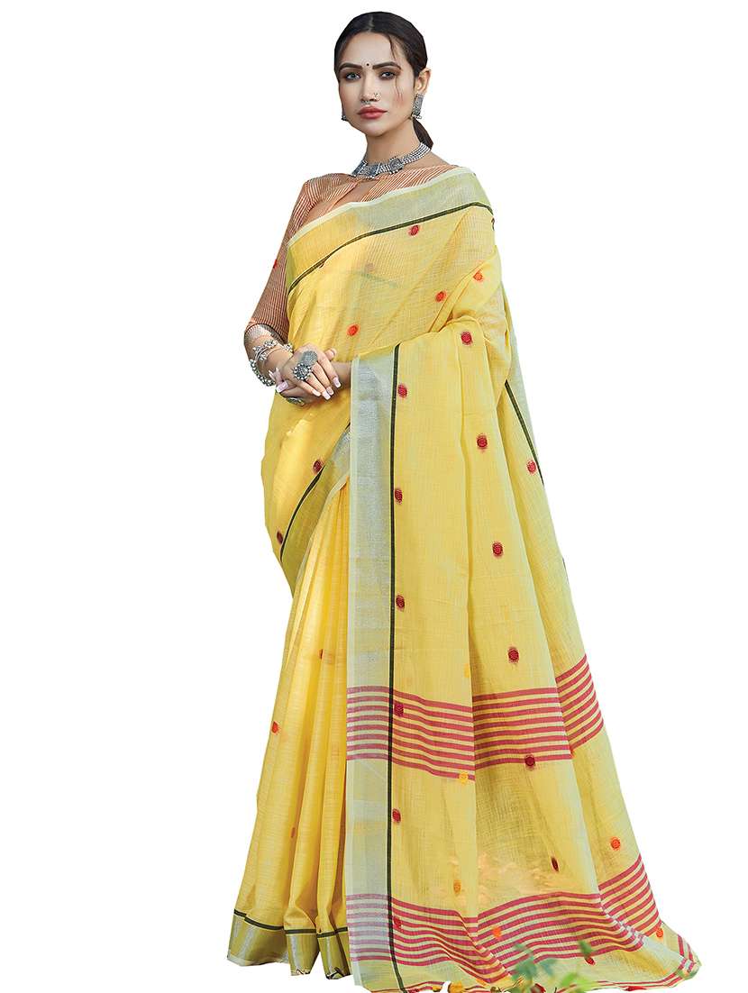 yellow linen embroidered saree