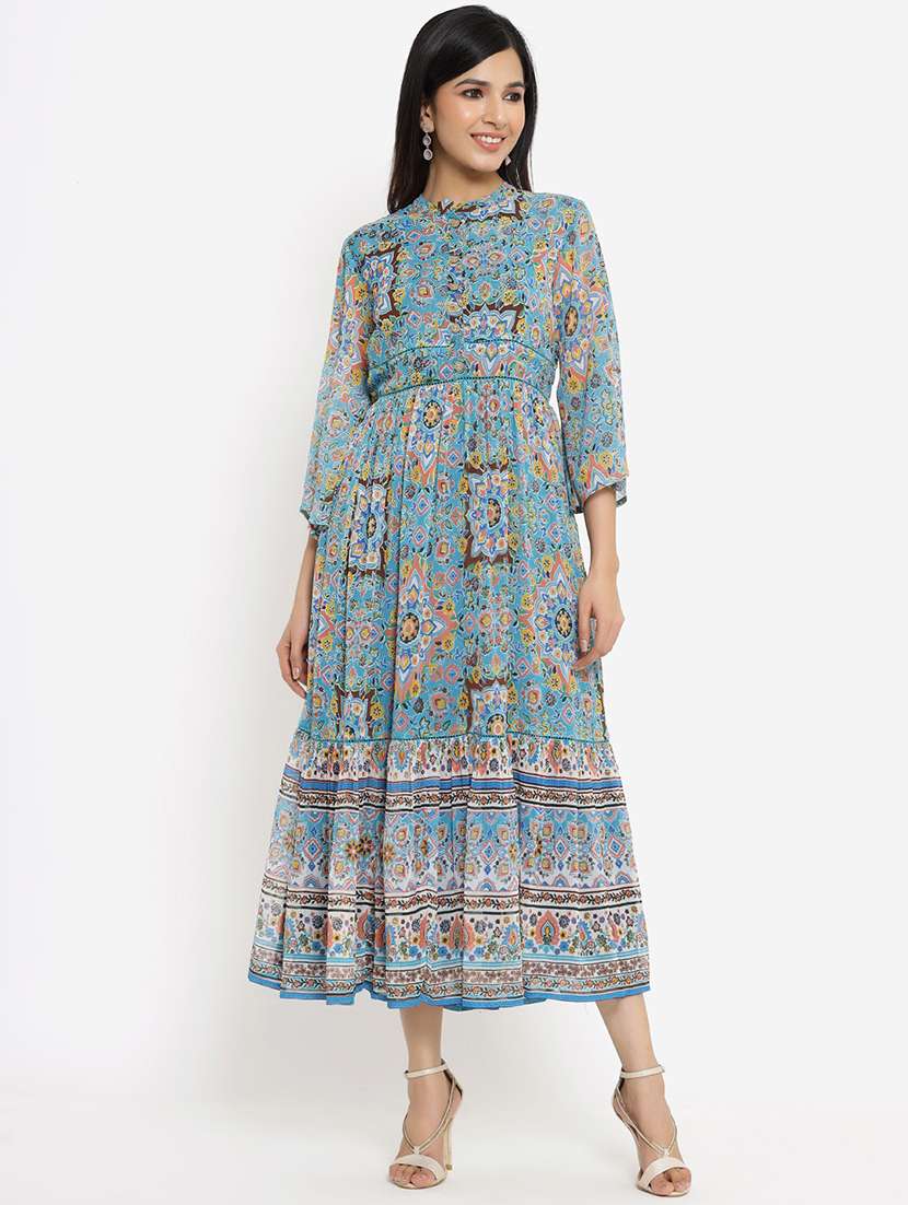 light blue printed tiered ethnic dress