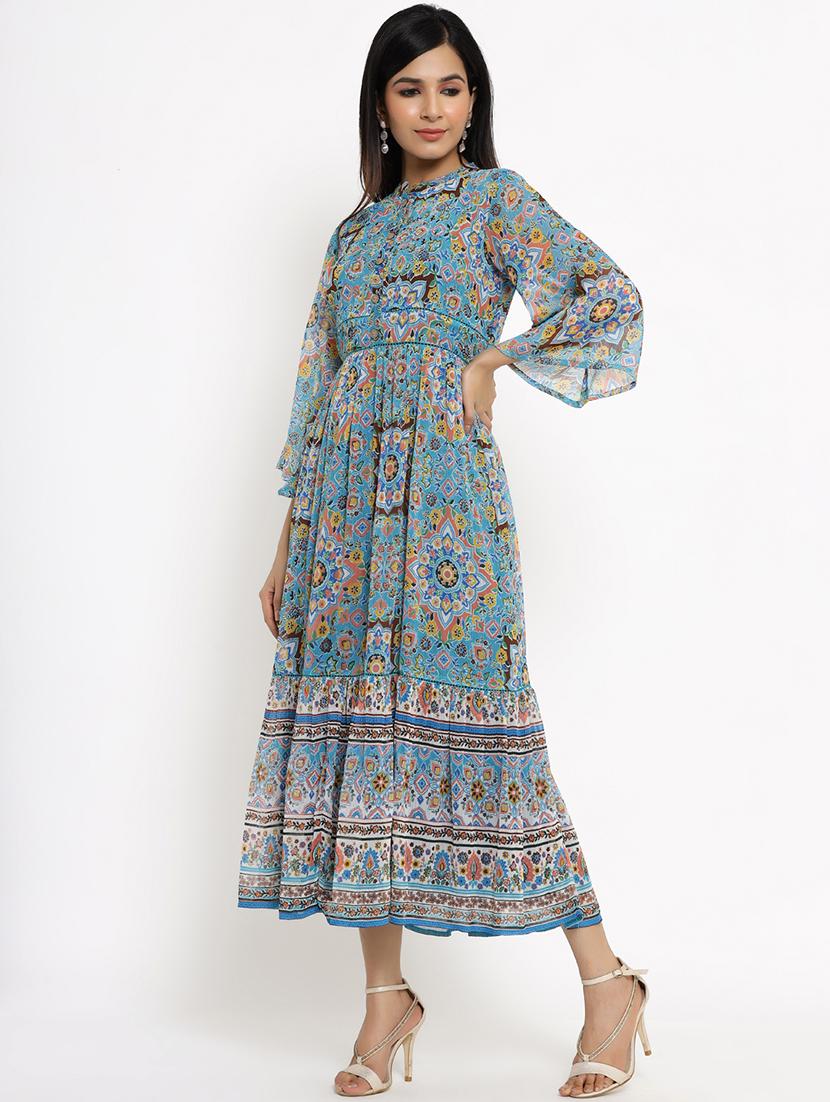 light blue printed tiered ethnic dress - 18217103 - Standard Image - 1