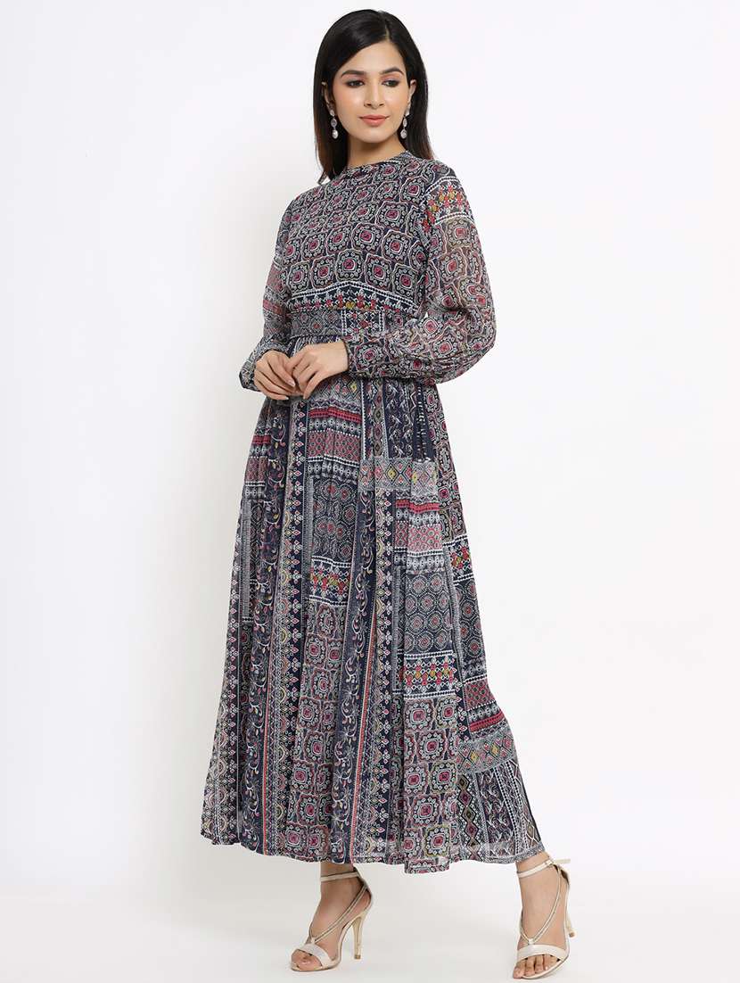 navy blue printed flared ethnic dress - 18217105 -  Standard Image - 1