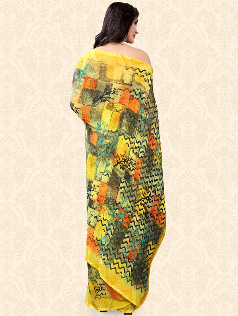 women's leaf print yellow colored saree with blouse - 18217220 - Standard Image - 1
