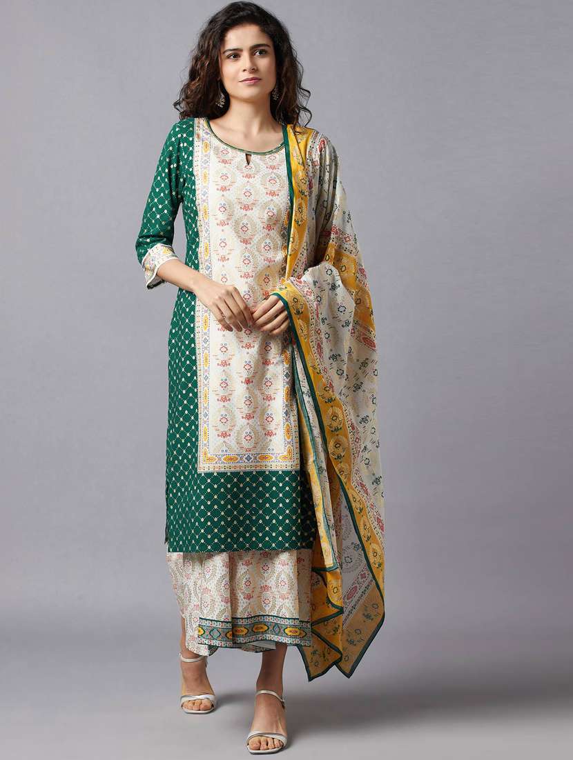 multi colored round neck three quarter sleeve kurta palazzo & duapatta set