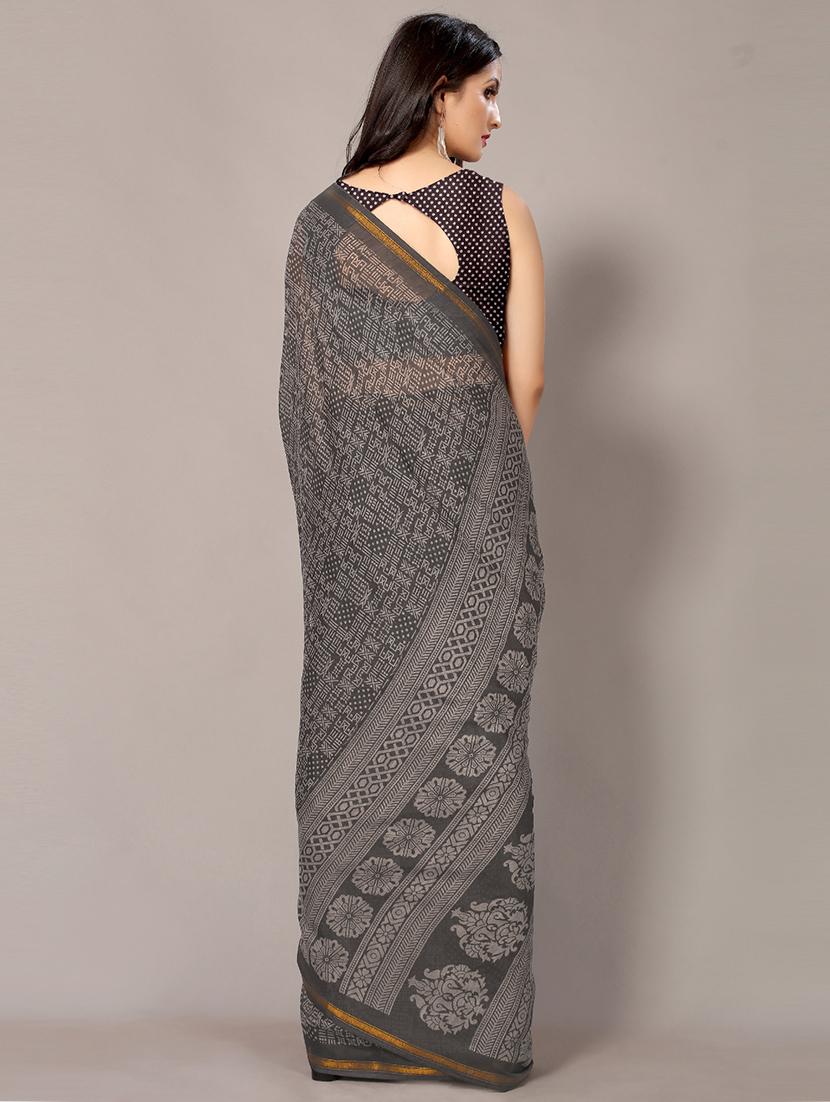 black cotton blend printed saree with blouse - 18217716 - Standard Image - 1