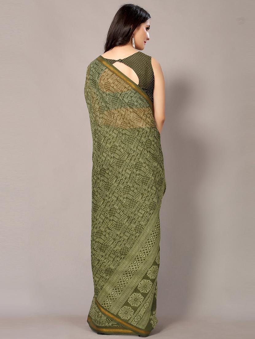 green cotton blend printed saree with blouse - 18217718 - Standard Image - 1