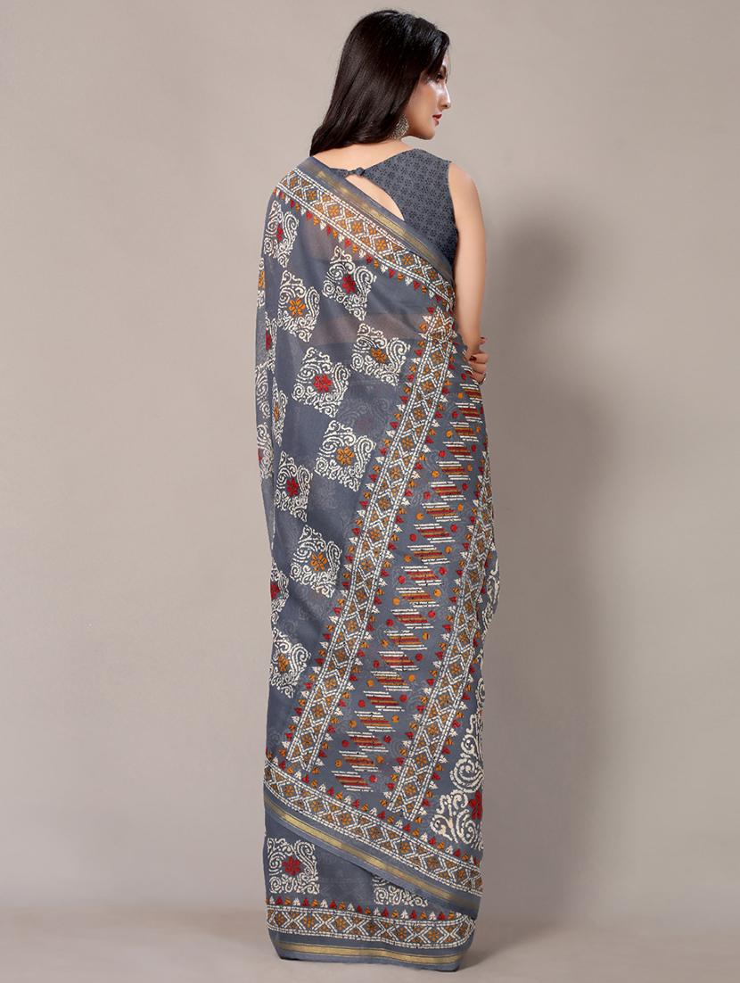 grey cotton blend printed saree with blouse - 18217731 - Standard Image - 1