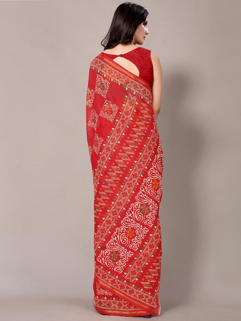 red cotton blend printed saree with blouse - 18217735 - Standard Image - 1