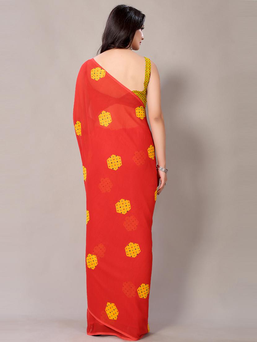red georgette printed saree with blouse - 18217747 - Standard Image - 1