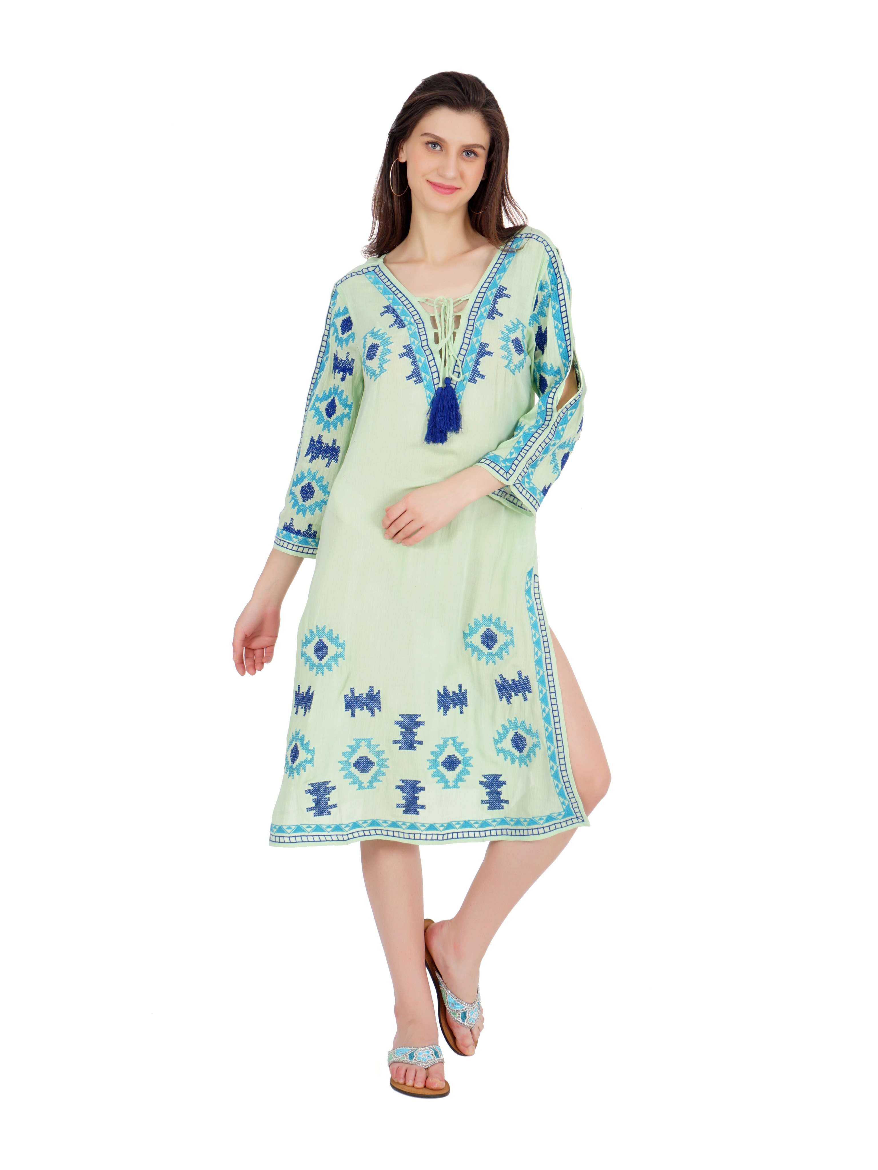 tassel-neck embroidered green tunic dress