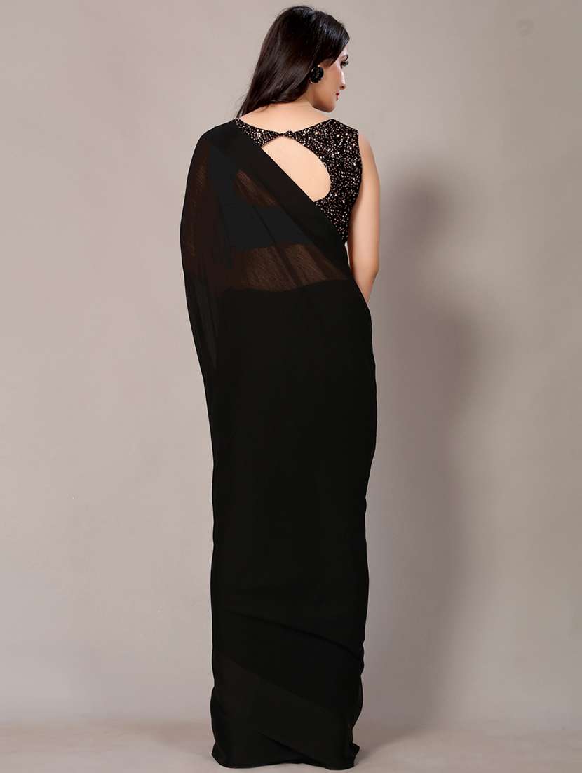 women's solid black colored saree with blouse - 18218094 -  Standard Image - 1