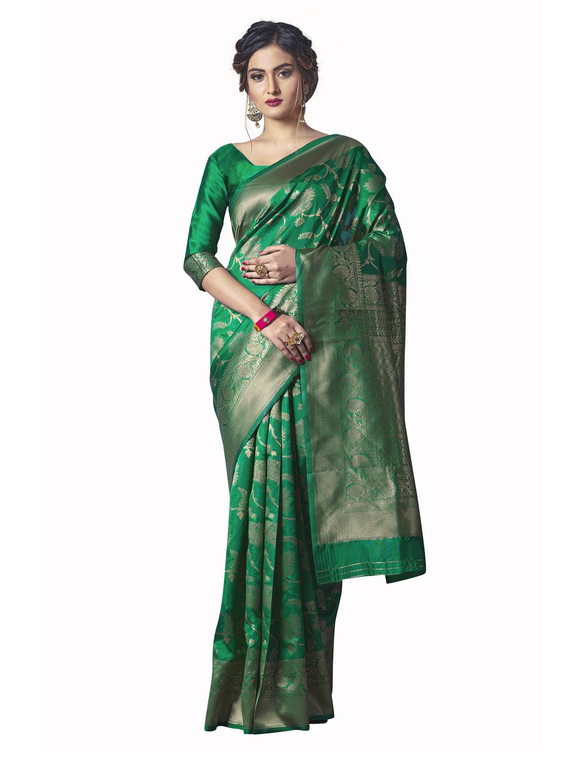 green silk blend banarasi saree with blouse - 18218768 - Standard Image - 1