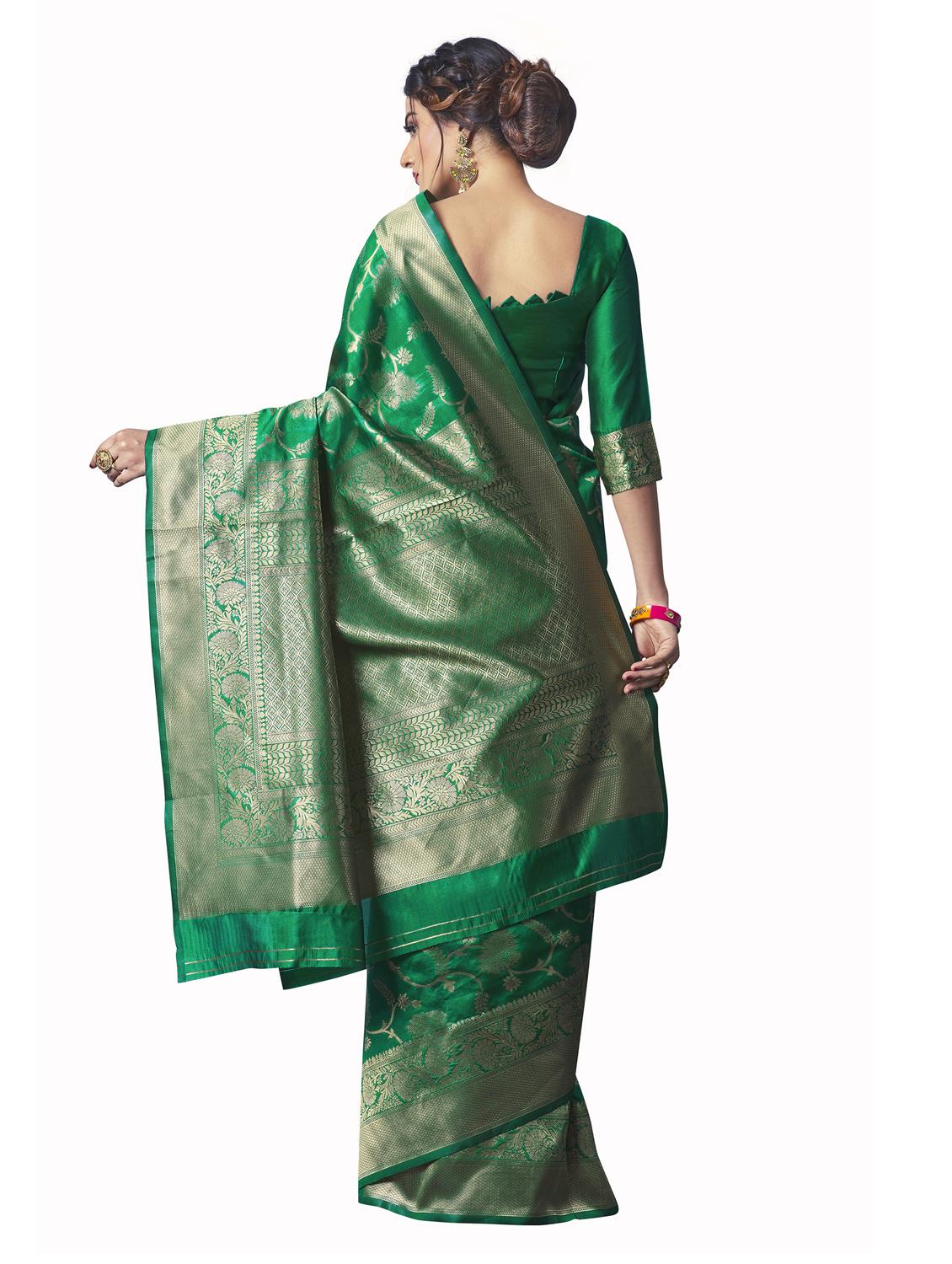 green silk blend banarasi saree with blouse - 18218768 - Standard Image - 4
