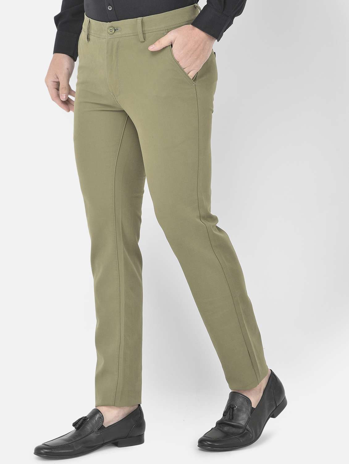 olive-green textured casual trouser - 18218802 - Standard Image - 1