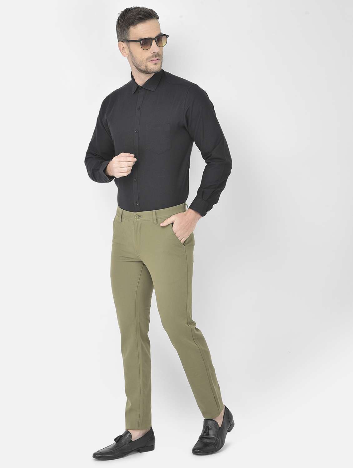 olive-green textured casual trouser - 18218802 - Standard Image - 4