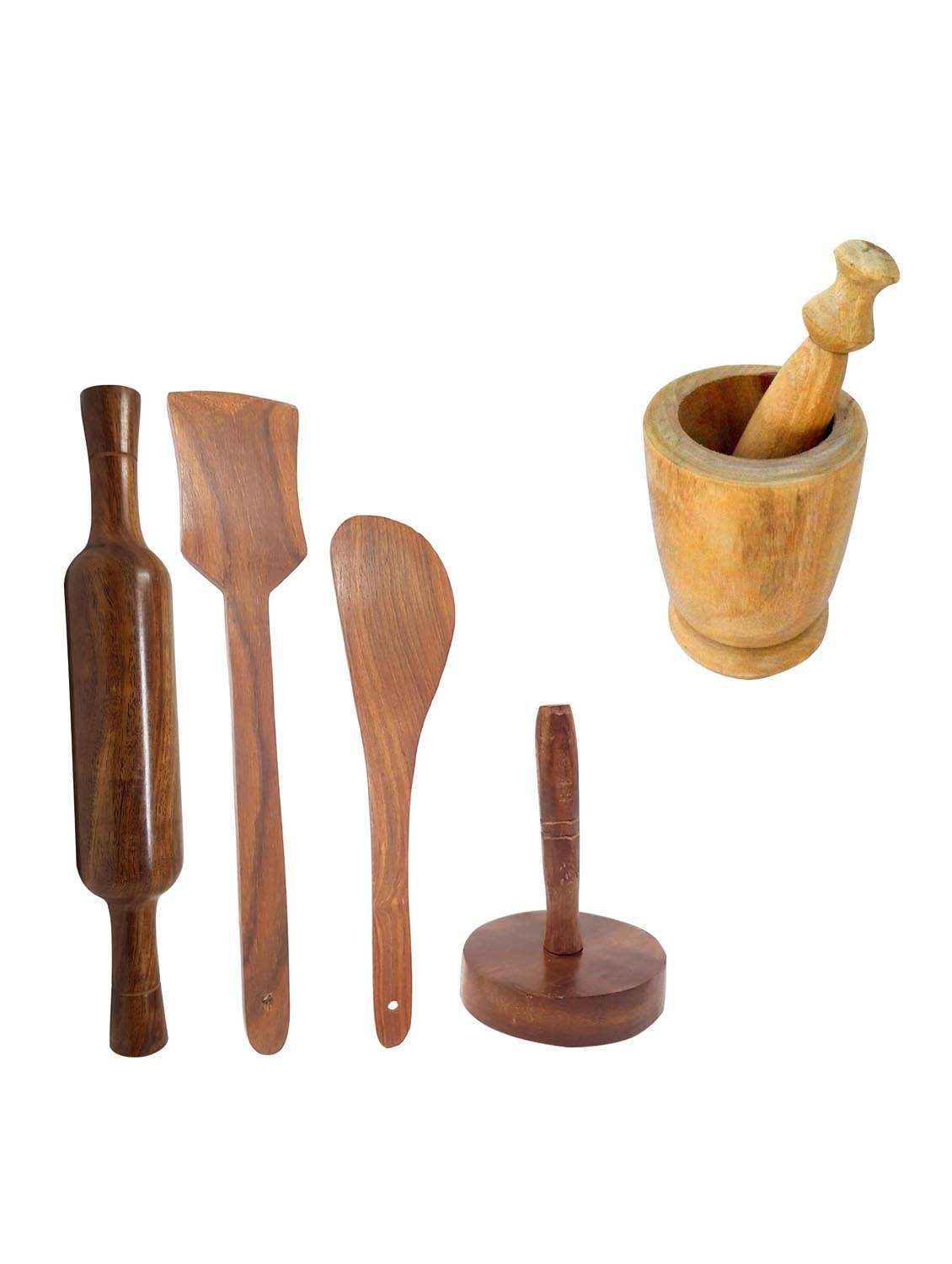 buzykart® wooden spoon set 1 frying, 1 serving, 1 masher, 1 chapati roller, 1 grinder ( brown )