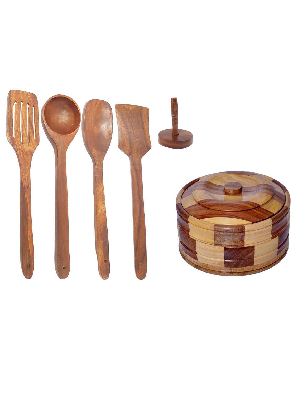 buzykart® beautiful wooden antique handcrafted chapati box, with 4 cooking spoon, 1 masher, pack of 6