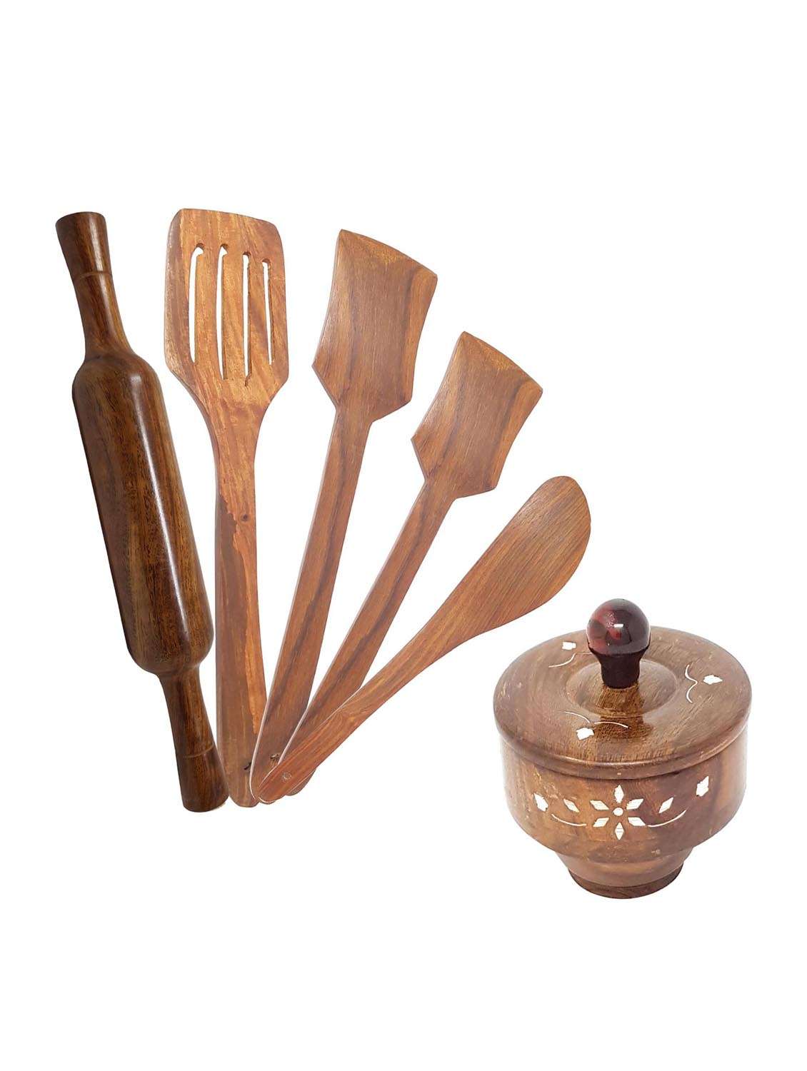buzykart® wooden handicrafts 1 bowl, 4 cooking spoon, 1 rolling pin, pack of 6