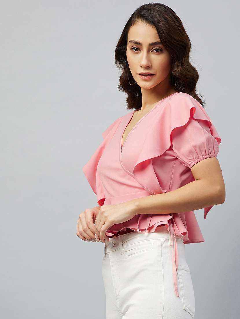 overlap neck solid wrap top - 18219506 -  Standard Image - 1