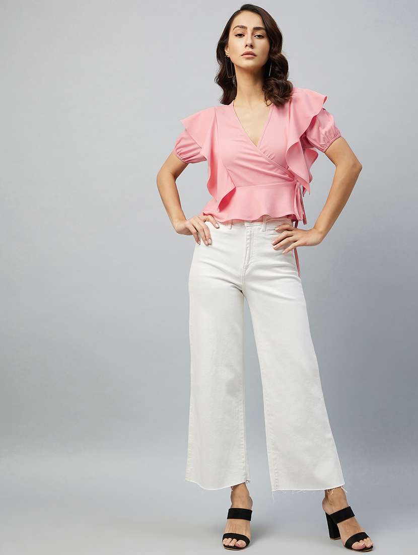 overlap neck solid wrap top - 18219506 -  Standard Image - 4