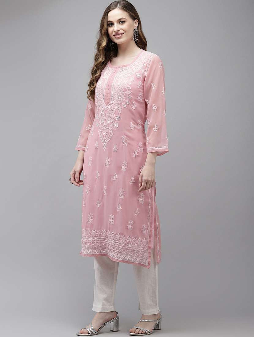 ada hand embroidered dusty pink georgette lucknow chikankari kurta with slip - 18219624 -  Standard Image - 1