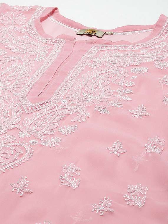 ada hand embroidered dusty pink georgette lucknow chikankari kurta with slip - 18219624 -  Standard Image - 4