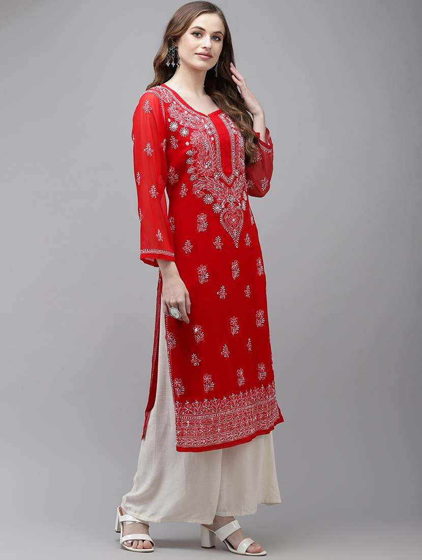 ada hand embroidered red georgette lucknow chikankari kurta with slip - 18219625 -  Standard Image - 1