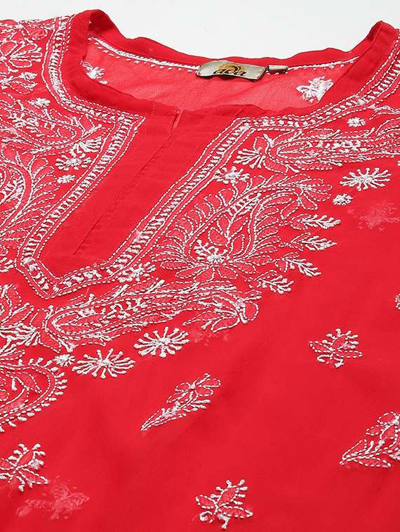 ada hand embroidered red georgette lucknow chikankari kurta with slip - 18219625 -  Standard Image - 4
