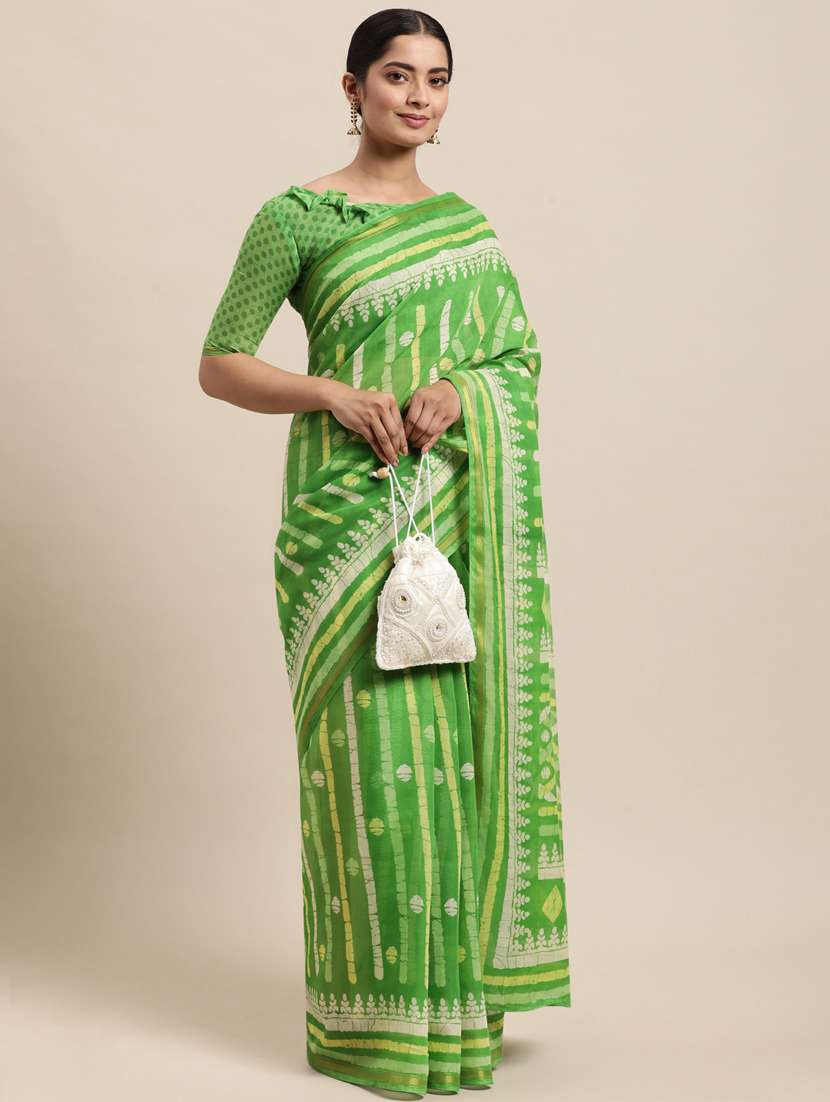 green cotton blend printed saree with blouse