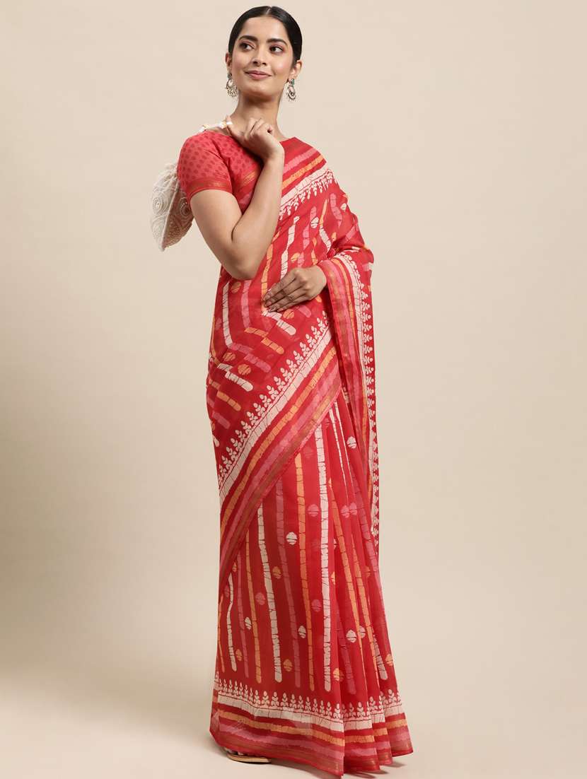 women's stripes red colored saree with blouse