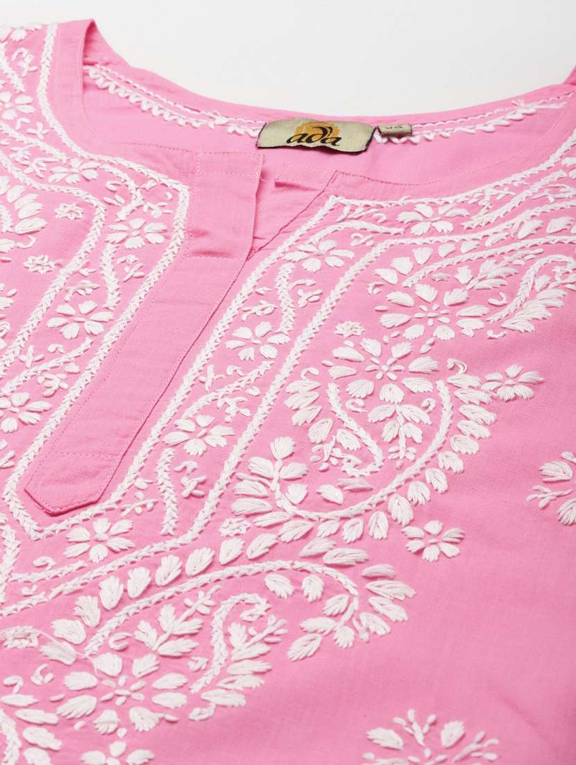 ada hand embroidered pink cotton lucknow chikan kurti 	 - 18223527 -  Standard Image - 4