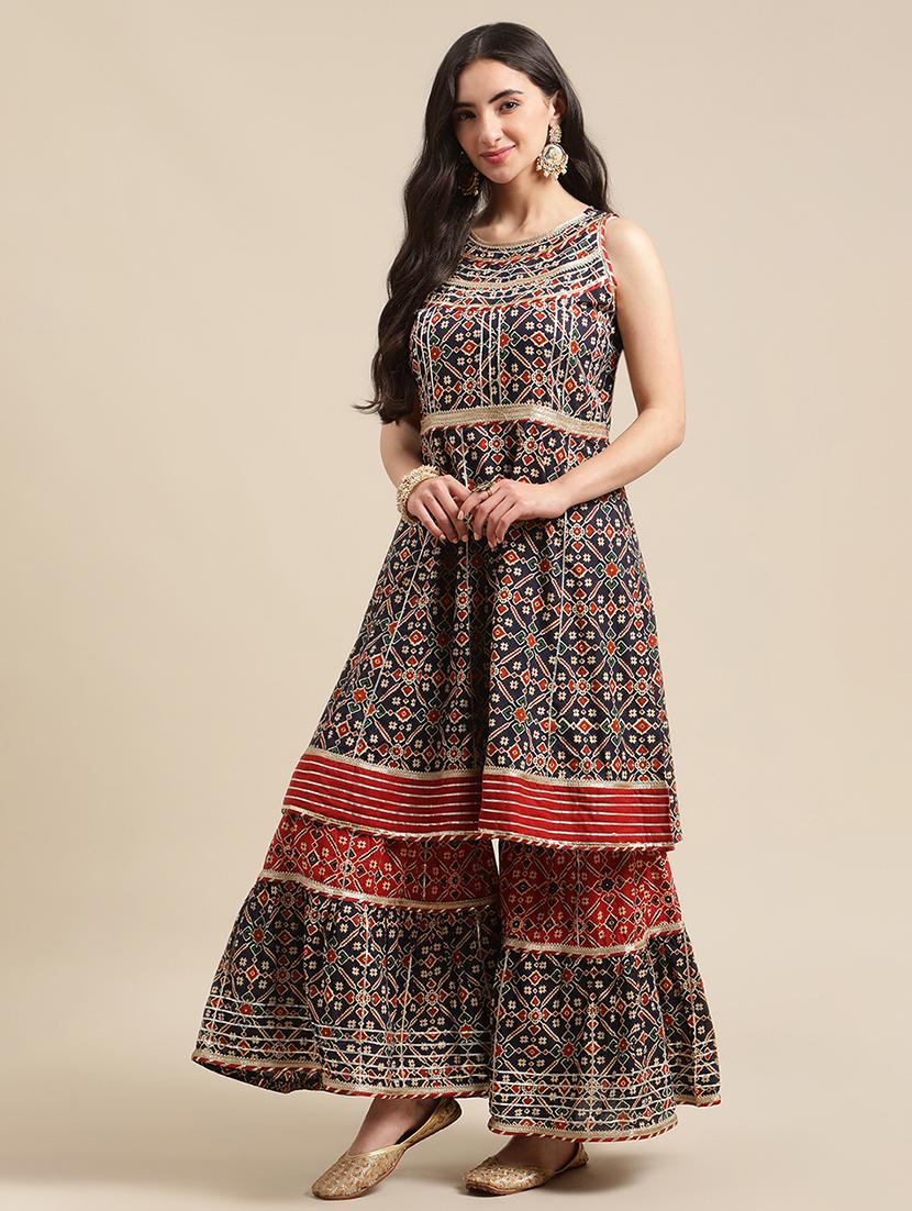 printed gota patti work kurta sharara set with dupatta - 18223904 - Standard Image - 1