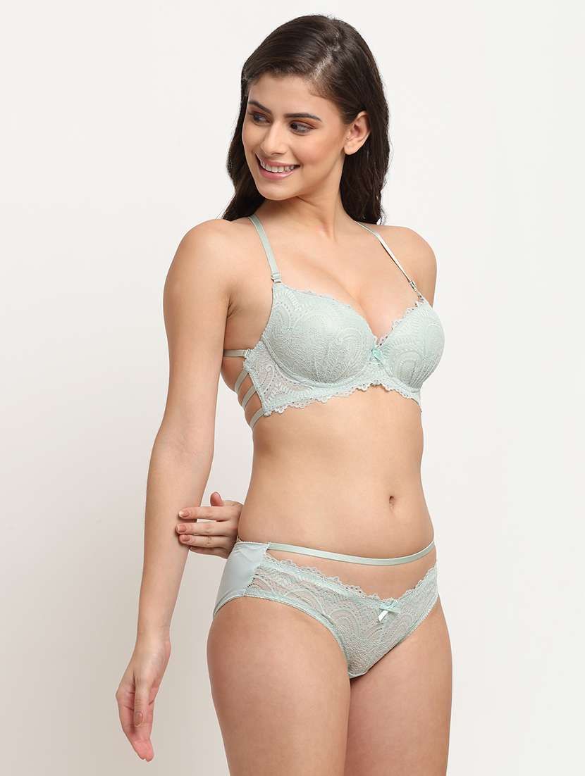 green solid bras and panty set - 18225065 -  Standard Image - 1
