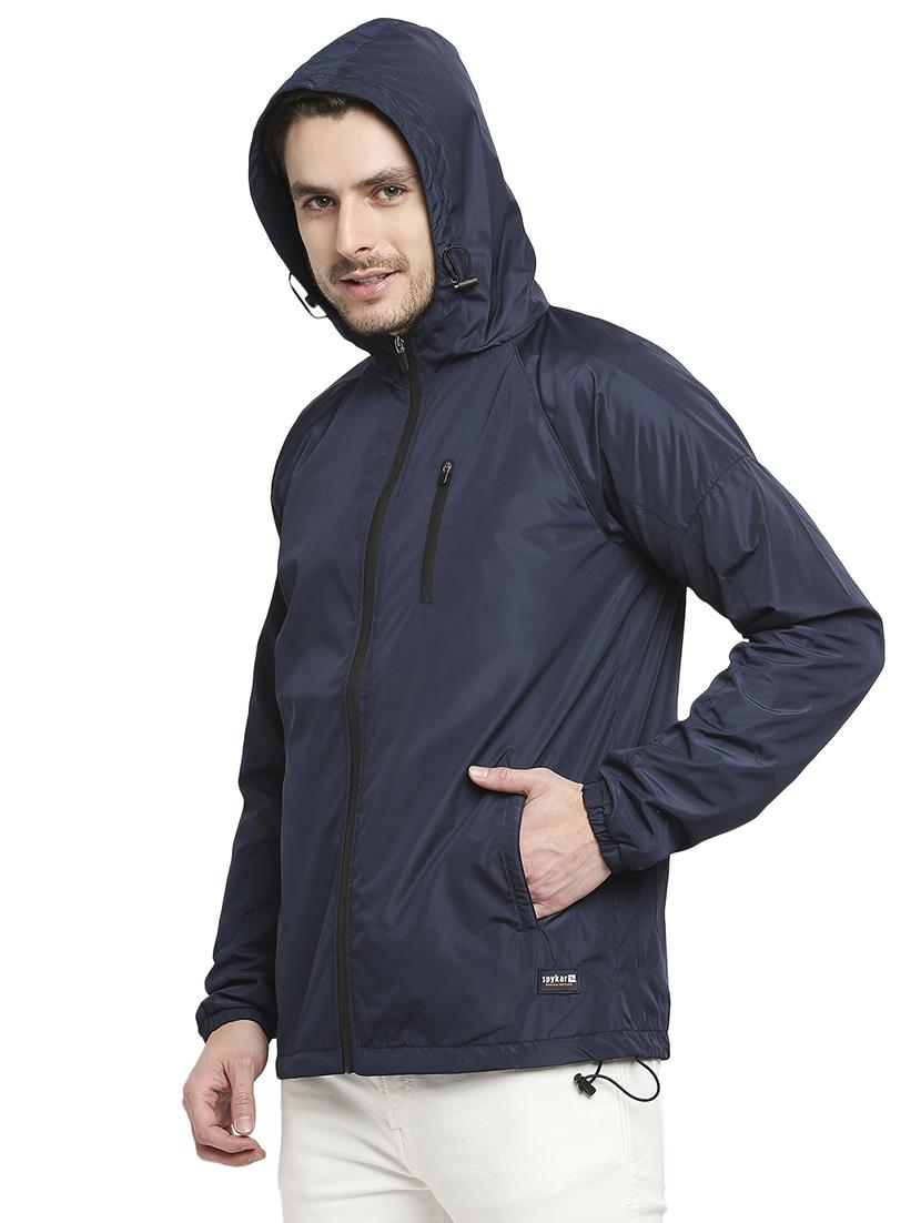 navy blue solid hooded casual jacket - 18225959 -  Standard Image - 1