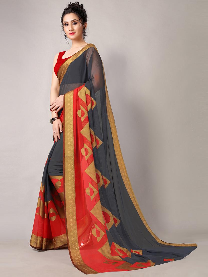 grey chiffon printed saree with blouse - 18226303 -  Standard Image - 1