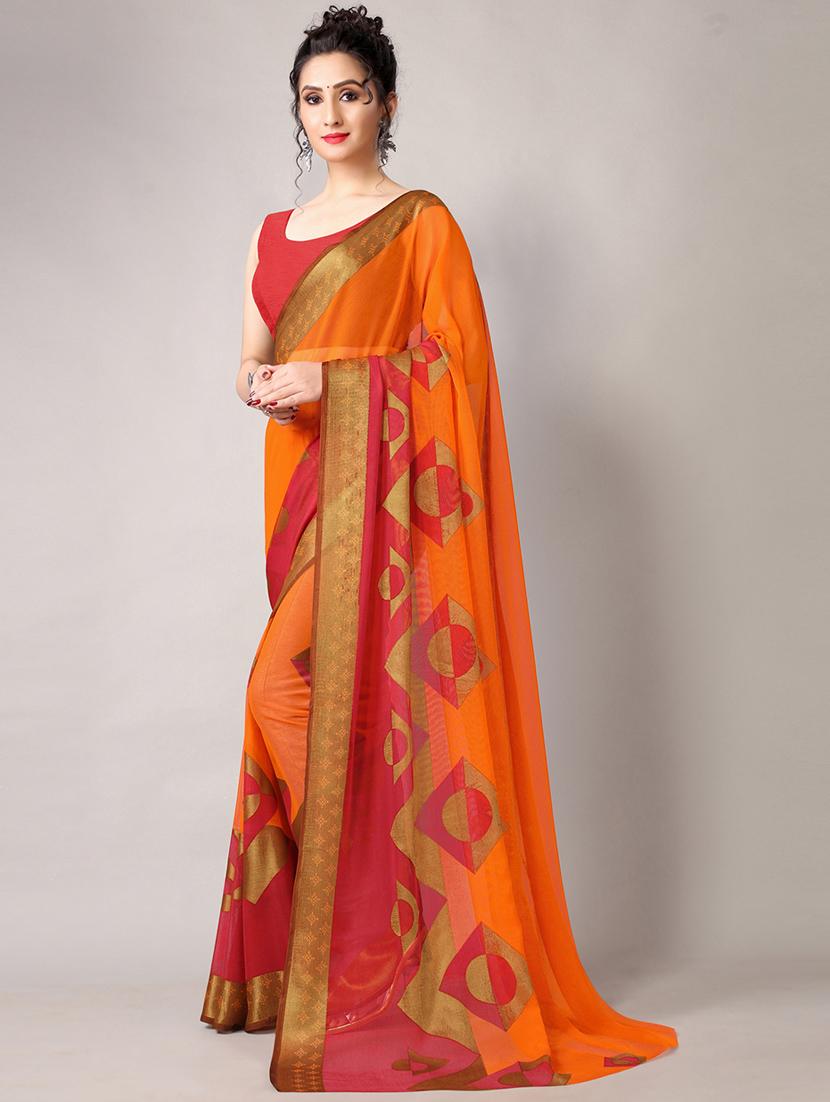 orange chiffon printed saree with blouse - 18226305 - Standard Image - 1