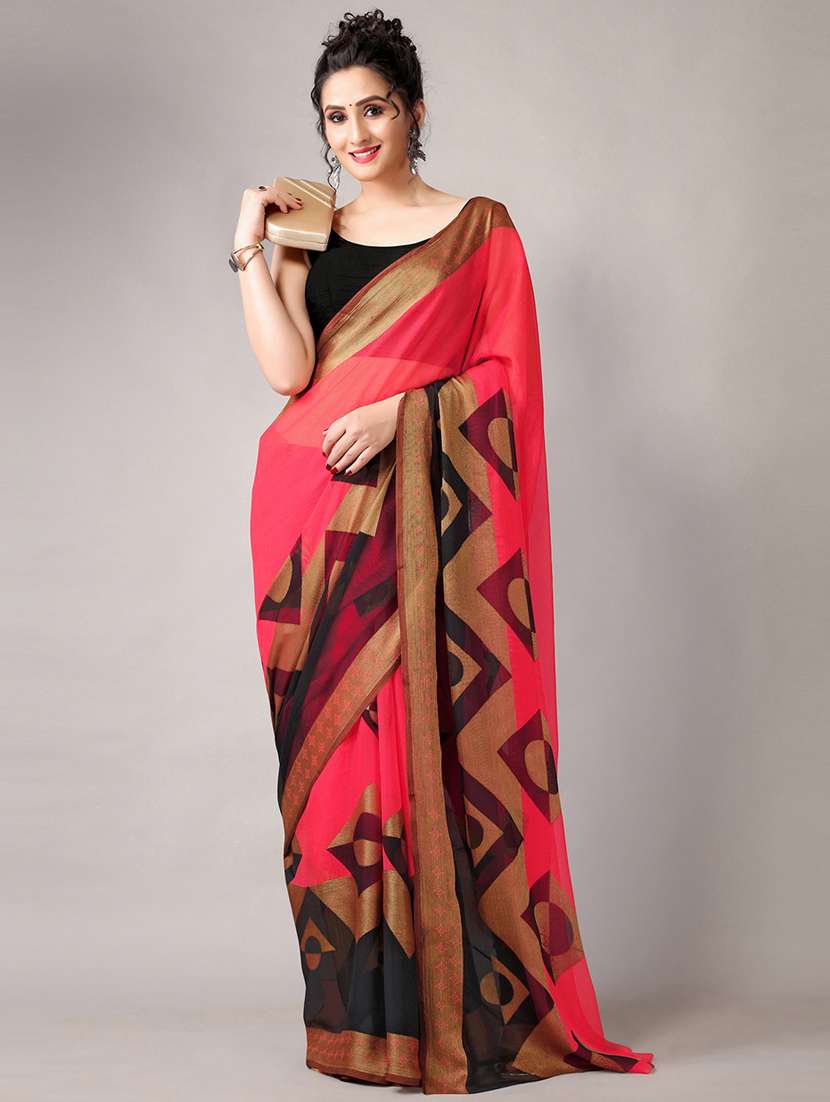 women's abstract orange colored saree with blouse - 18226306 -  Standard Image - 1
