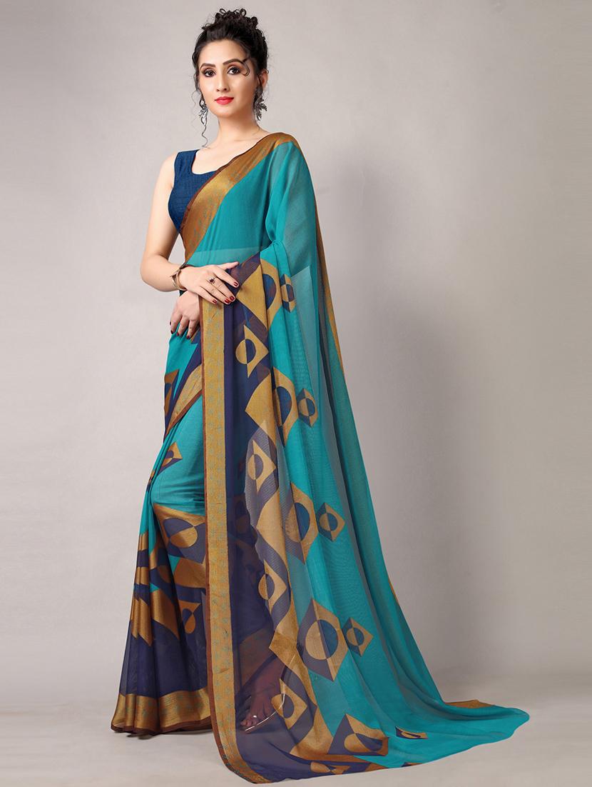 turquoise chiffon printed saree with blouse - 18226307 - Standard Image - 1