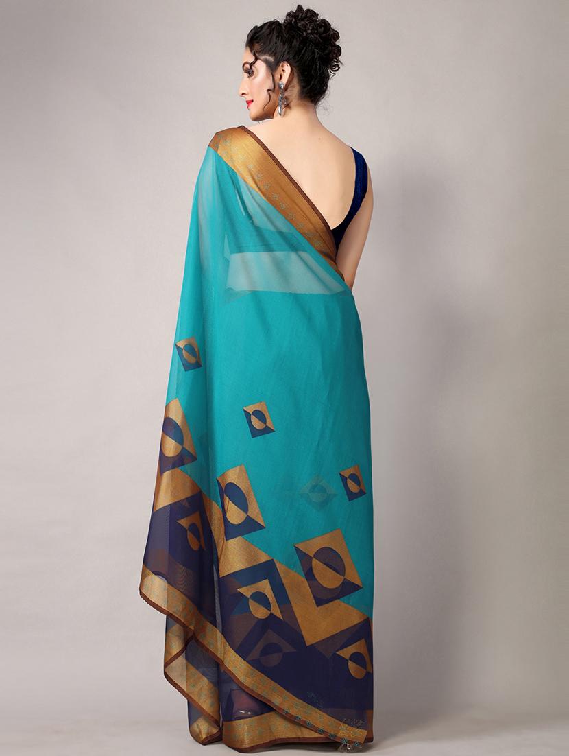 turquoise chiffon printed saree with blouse - 18226307 - Standard Image - 4