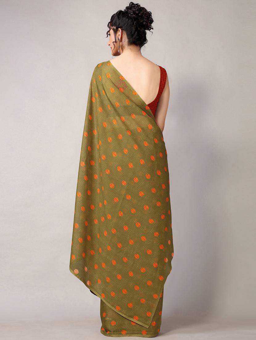 olive. georgette printed saree with blouse - 18226322 - Standard Image - 4