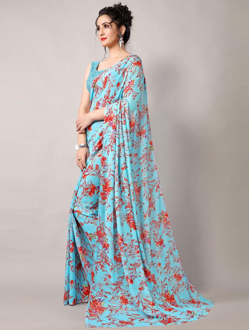 turquoise georgette printed saree with blouse - 18226327 -  Standard Image - 1